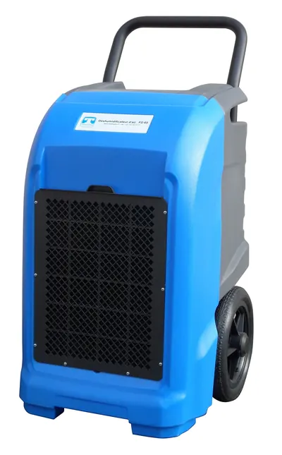 Blue wheeled professional dehumidifier of the type used to dry water damaged rooms